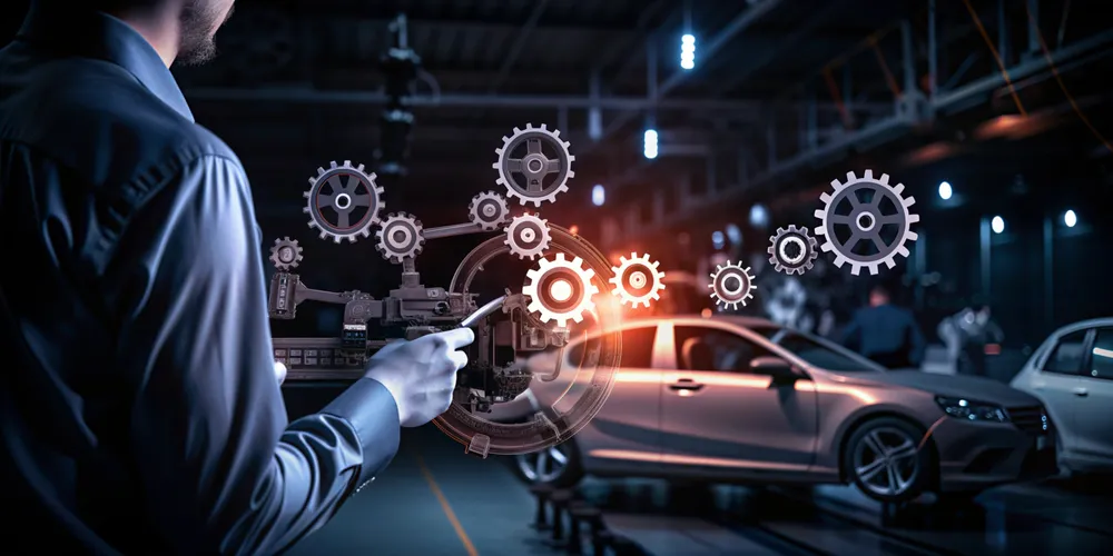 A technician and a robot holding a spanner, standing beside a vehicle with its bonnet raised.